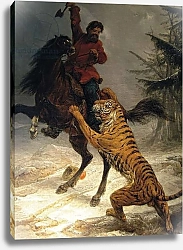 Постер Школа: Русская 19в. Siberian Tiger Attacking a Cossack