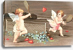 Постер Школа: Английская 20в. Two cherubs playing tennis with a heart for a ball