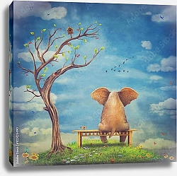 Постер Грустный слон на скамейке 