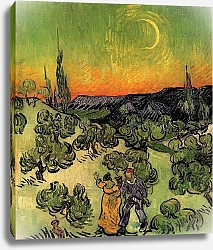 Постер Ван Гог Винсент (Vincent Van Gogh) Пейзаж с прогуливающейся парой и полумесяцем