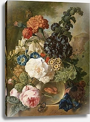 Постер Ос Ян Roses, chrysanthemums, peonies and other flowers in a glass vase with goldfish on a stone ledge