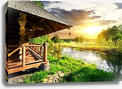 Постер Деревянный дом у реки на закате