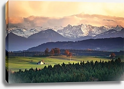 Постер Альпийский пейзаж с лугами и горами
