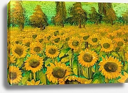 Постер Fragment of vintage oil painting depicting sunflowers, heavily textured. Постер Fragment of vintage oil painting depicting sunflowers, heavily textured.