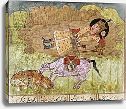 Постер Школа: Персидская Rostam asleep, near his horse and a slaughtered leopard, from a manuscript of the Shahnameh, by Firdawsi