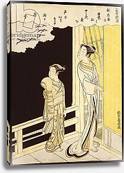 Постер Харунобу Сузуки A courtesan and her kamuro on a verandah watching flying geese in the rain