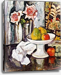Постер Хантер Джордж Лесли Still life with bowl of fruit and a vase of pink roses