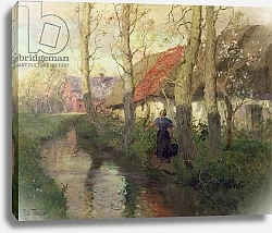 Постер Фалоу Фритц A French river landscape with a woman by cottages