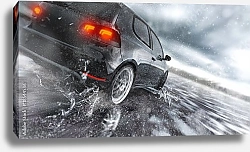 Постер Быстрый автомобиль на мокрой дороге