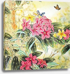 Постер Китайский цветник с розовыми цветами и бабочкой