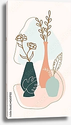 Постер Композиция с листьями растений и цветов и абстрактными вазами 1