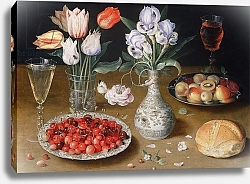 Постер Бирт Осис Still life with Lilies, Roses, Tulips, Cherries and Wild Strawberries