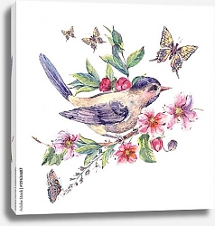 Постер Акварельная птица на цветущей ветке