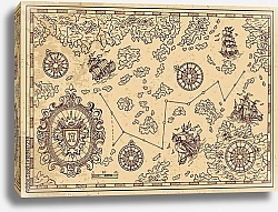 Постер Древняя карта пиратов с декоративной рамкой, парусами и островами