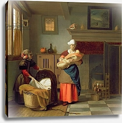 Постер Хох Питер Nursemaid with baby in an interior and a young girl preparing the cradle