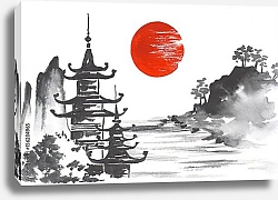 Постер Традиционный японский пейзаж с пагодой