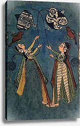 Постер Школа: Индийская 18в Girls flying kites, Kulu folk painting, Himachal Pradesh
