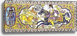 Постер Школа: Персидская 19в. Third cartouche from a long panel of cuerda seca tiles, depicting hunting and battle scenes, 19th century