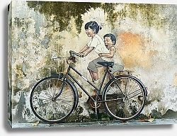 Постер Дети на велосипеде, рисунок на стене
