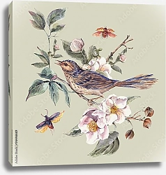 Постер Акварельная цветущая ветвь с жуками и птицей