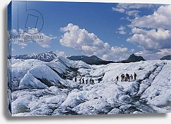 Постер USA, Alaska, Matanuska Glacier, hikers on snow-covered glacier with cloudscape in blue sky above