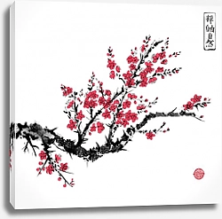Постер Восточная красная сакура в цвету 