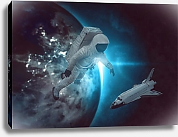 Постер Астронавт и корабль в космосе на фоне земли