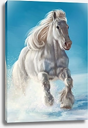 Постер Белый мохнатый конь на снегу