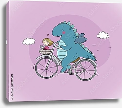 Постер Забавный мультяшный динозавр с девочкой на велосипеде