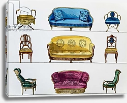 Постер Лебу‑де‑ла‑Месанжер Пьер Stool, chairs, armchairs and sofas, From Restoration period, Illustration from Collection de meubles et objects de gout, 1872, By Pierre-Antoine Leboux de La Mesangere, France