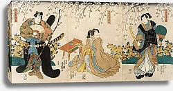 Постер Утагава Кунисада Actors in the Roles of Shimada Shigesaburō, Kugyō ama jitsuwa Takao and Sakingo Yorikane under Cherry Blossoms