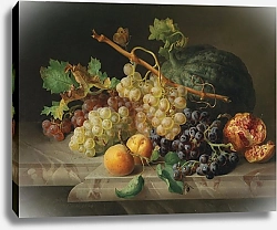 Постер Лауэр Йозеф Stillleben mit Granatapfel Weintrauben und Melone