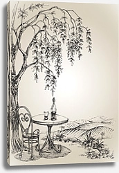 Постер Столик с вином с видом на виноградники