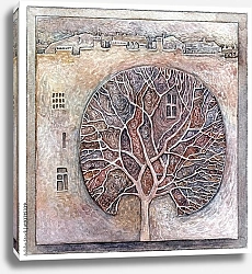 Постер Голое дерево и огромная стена с несколькими маленькими окнами