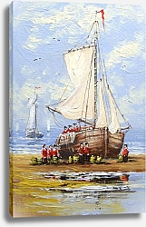 Постер Рыбаки рядом с парусником на берегу