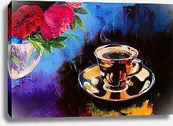 Постер Чашка кофе на столе рядом с цветами