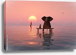 Постер Слон и собака, сидящие посреди моря