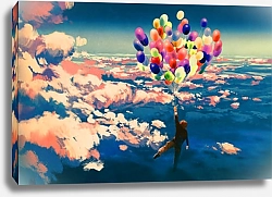 Постер Полет в облаках на воздушных  шарах