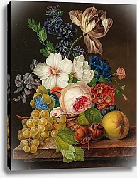 Постер Неизвестен A Bouquet of Flowers with Grapes and Medlars