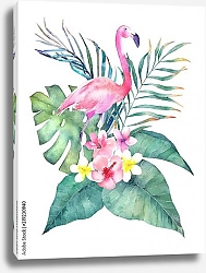 Постер Экзотическая иллюстрация с фламинго и тропическими листьями