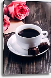Постер Чашка кофе с шоколадными конфетами и розовыми розами