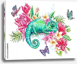 Постер Акварельный зеленый хамелеон с бабочками и цветами