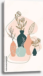 Постер Композиция с листьями растений и цветов и абстрактными вазами 2