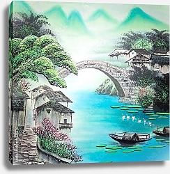 Постер Китайский традиционный пейзаж с рекой