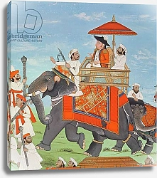 Постер Школа: Индийская 18в Colonel James Tod travelling by elephant through Rajasthan with his Cavalry and Sepoys