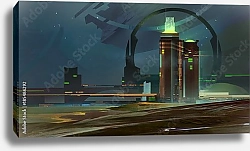 Постер Фантастический городской горизонт ночью