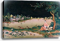 Постер Школа: Японская 19в. Japanese mirror painting showing a girl seated, c.1800