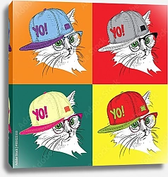 Постер Портрет кошки в очках и кепке