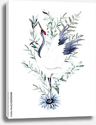 Постер Акварельный рисунок с журавлем и листьями
