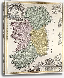 Постер Хоманн Йоханн Map of Ireland showing the Provinces of Ulster, Munster, Connaught and Leinster, by Homann